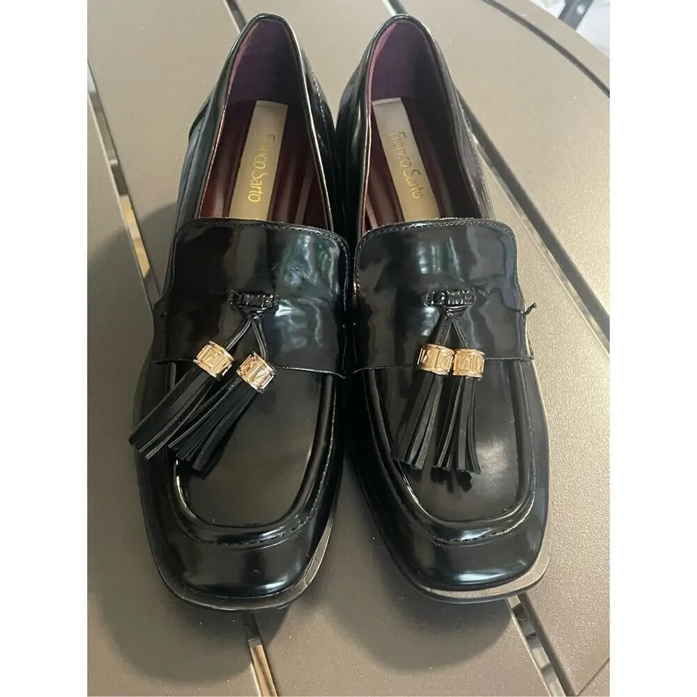 NWOB Franco Sorto Donna Block Heel Tassel Faux Patent leather Loafers Black 6M
